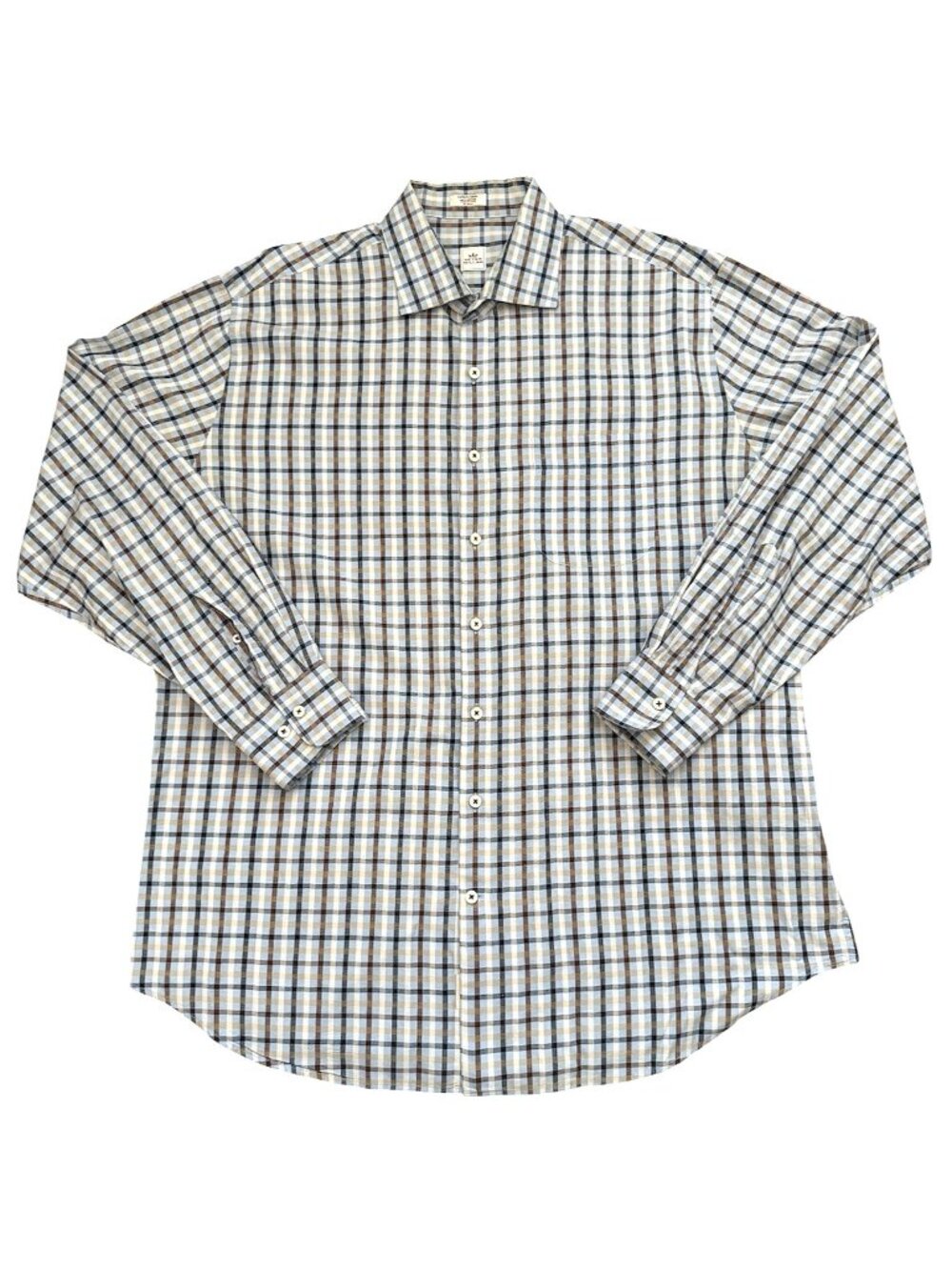 Peter Millar Men's Shirt Plaid XL Button Up Blue Brown White Plaid 100% Cotton